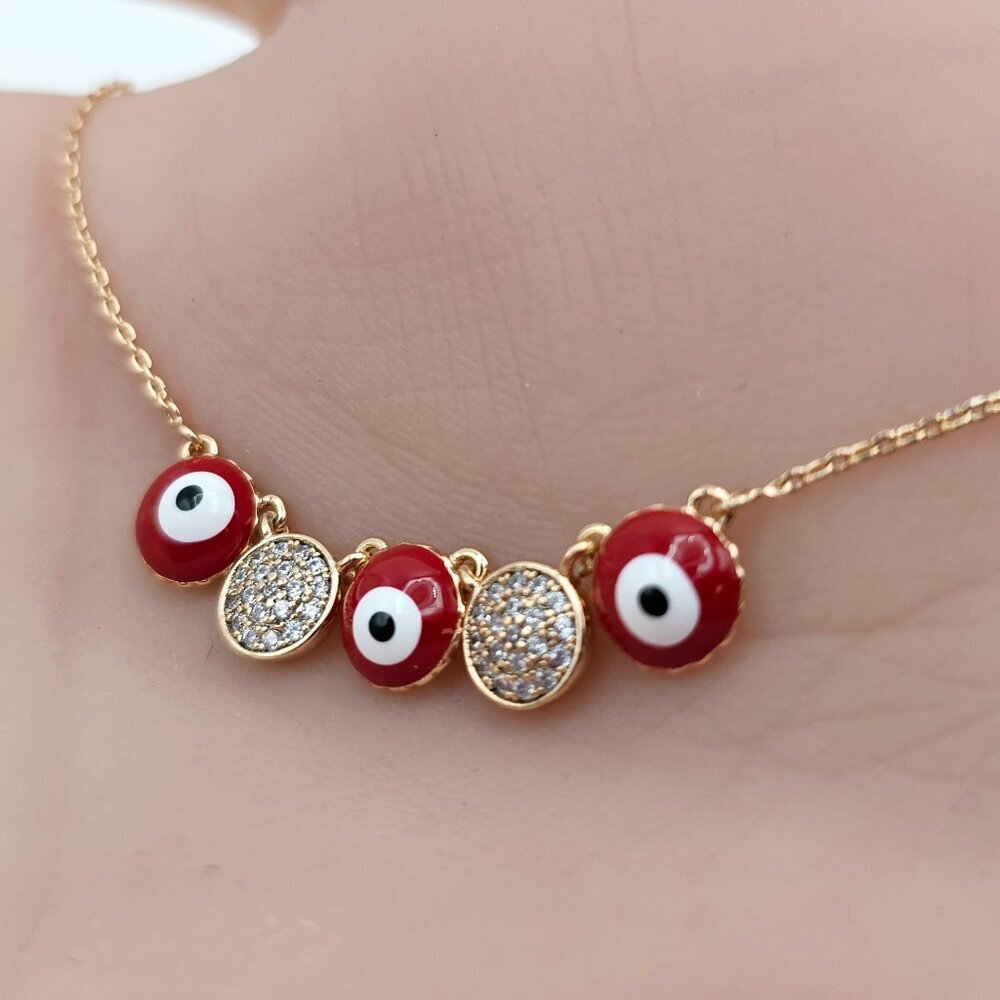 Rose Gold Necklace with Evil Eye & Crystal Charms, 17.7+2 Inch Chain,XPNL0025